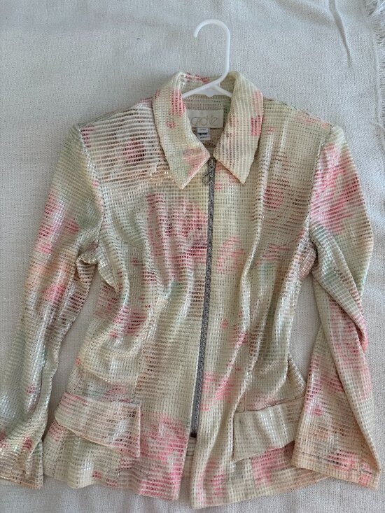 Cache Jackets & Blazers - Caché Italy Metallic Pink & Ivory Textured Zip Jacket Petite Vintage Designer Bl